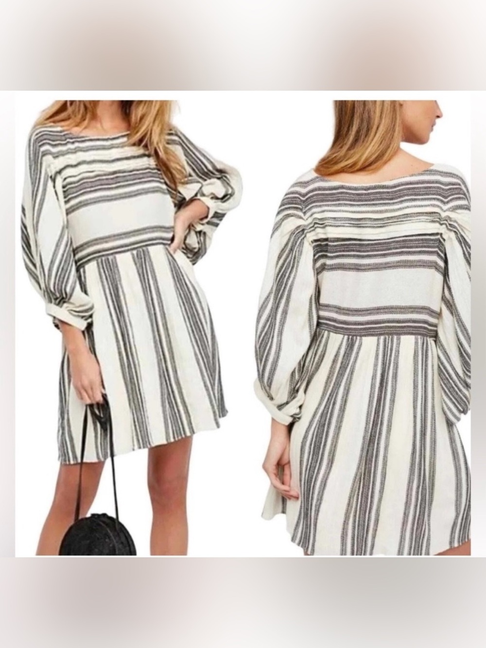 Free People Lilly Striped Mini Puff Sleeve Off White/Navy Dress size L